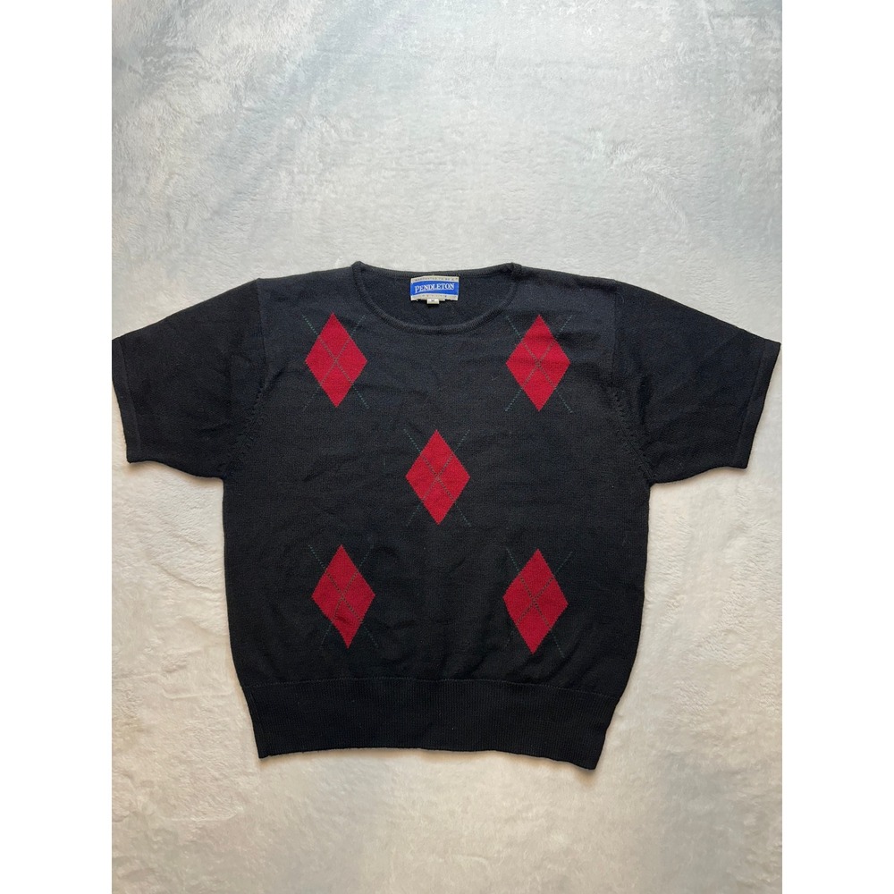 Pendleton Petite Argyle Short Sleeve Sweater Black Red Wool Blend Size M - 218